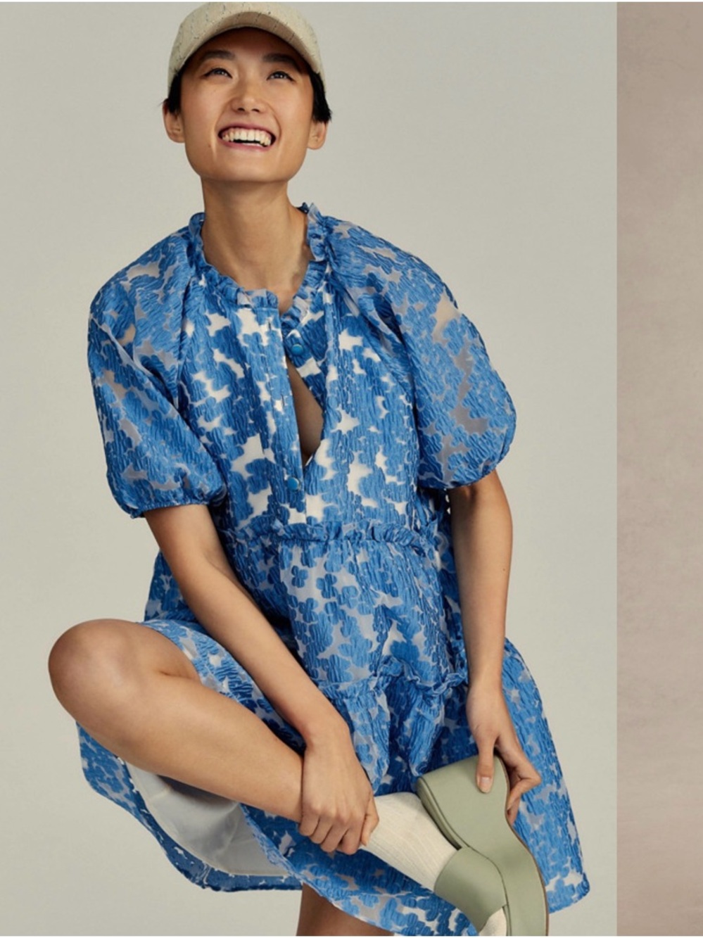 Maeve Anthropologie Blue Textured Tiered Mini Dress Small Puff Sleeve Romantic - Picture 3 of 16